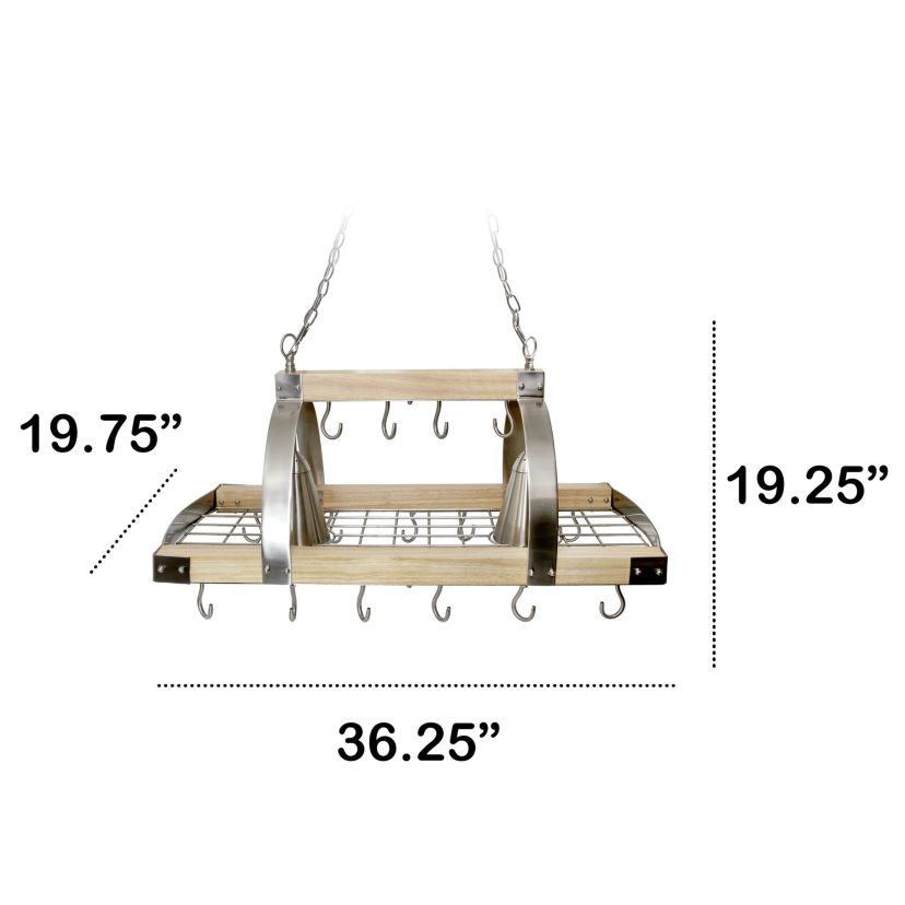 36.25" Modern Industrial Hanging Pot Rack with Natural Wood Frame and Brushed Nickel Accents, for Kitchen, Kitchen Island