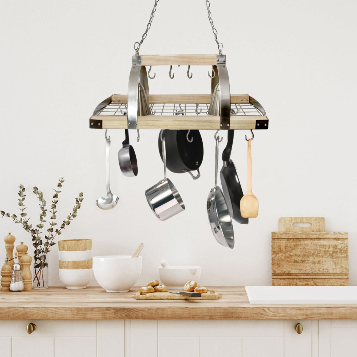 36.25" Modern Industrial Hanging Pot Rack with Natural Wood Frame and Brushed Nickel Accents, for Kitchen, Kitchen Island