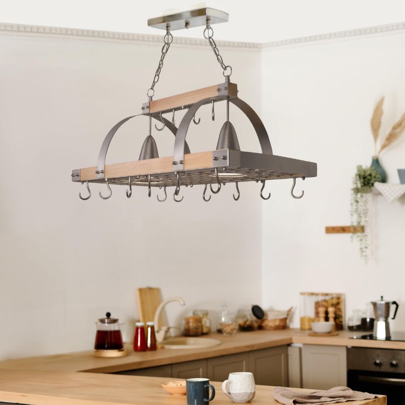 36.25" Modern Industrial Hanging Pot Rack with Natural Wood Frame and Brushed Nickel Accents, for Kitchen, Kitchen Island