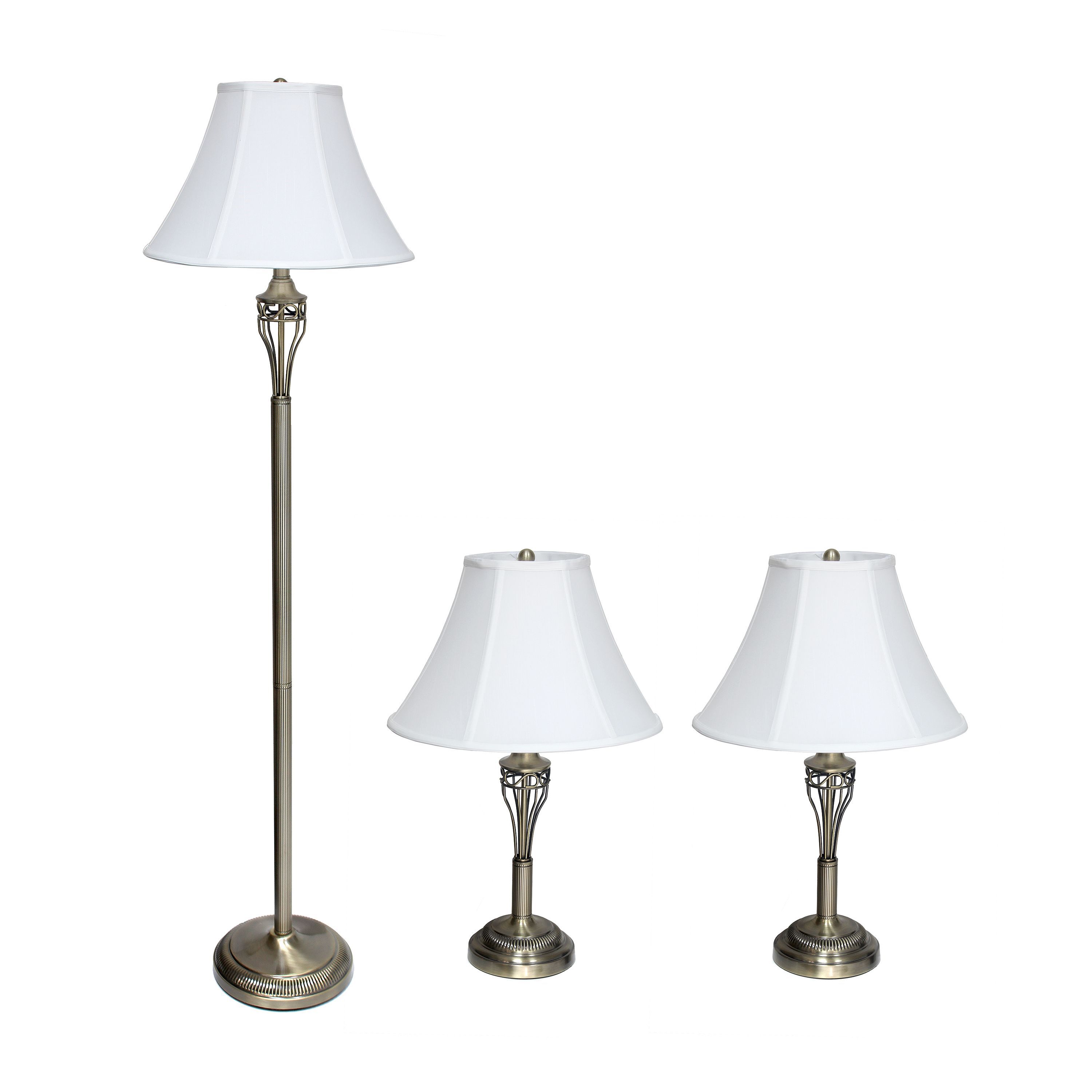 3 Piece Metal Lamp Set (2 Table Lamps, 1 Floor Lamp) with White Empire Fabric Shades and Antique Brass Finish