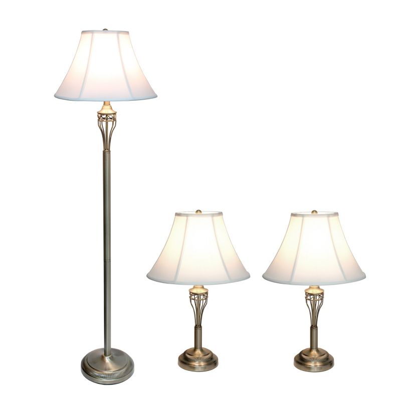 3 Piece Metal Lamp Set (2 Table Lamps, 1 Floor Lamp) with White Empire Fabric Shades and Antique Brass Finish