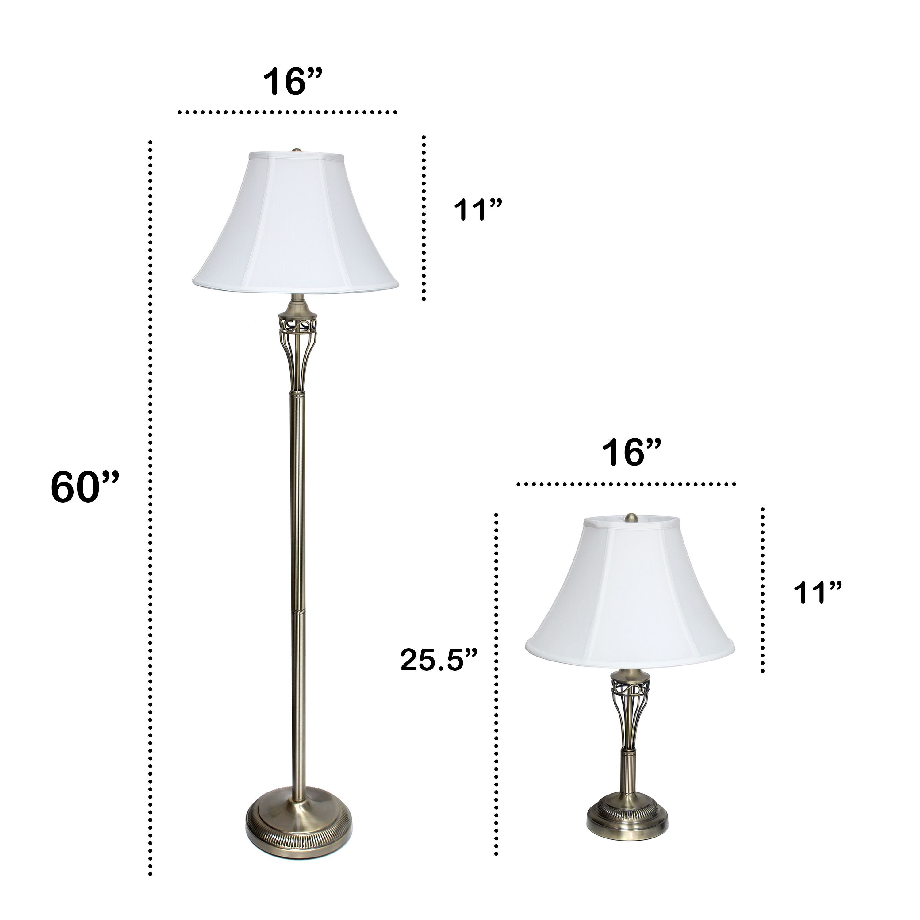 3 Piece Metal Lamp Set (2 Table Lamps, 1 Floor Lamp) with White Empire Fabric Shades and Antique Brass Finish