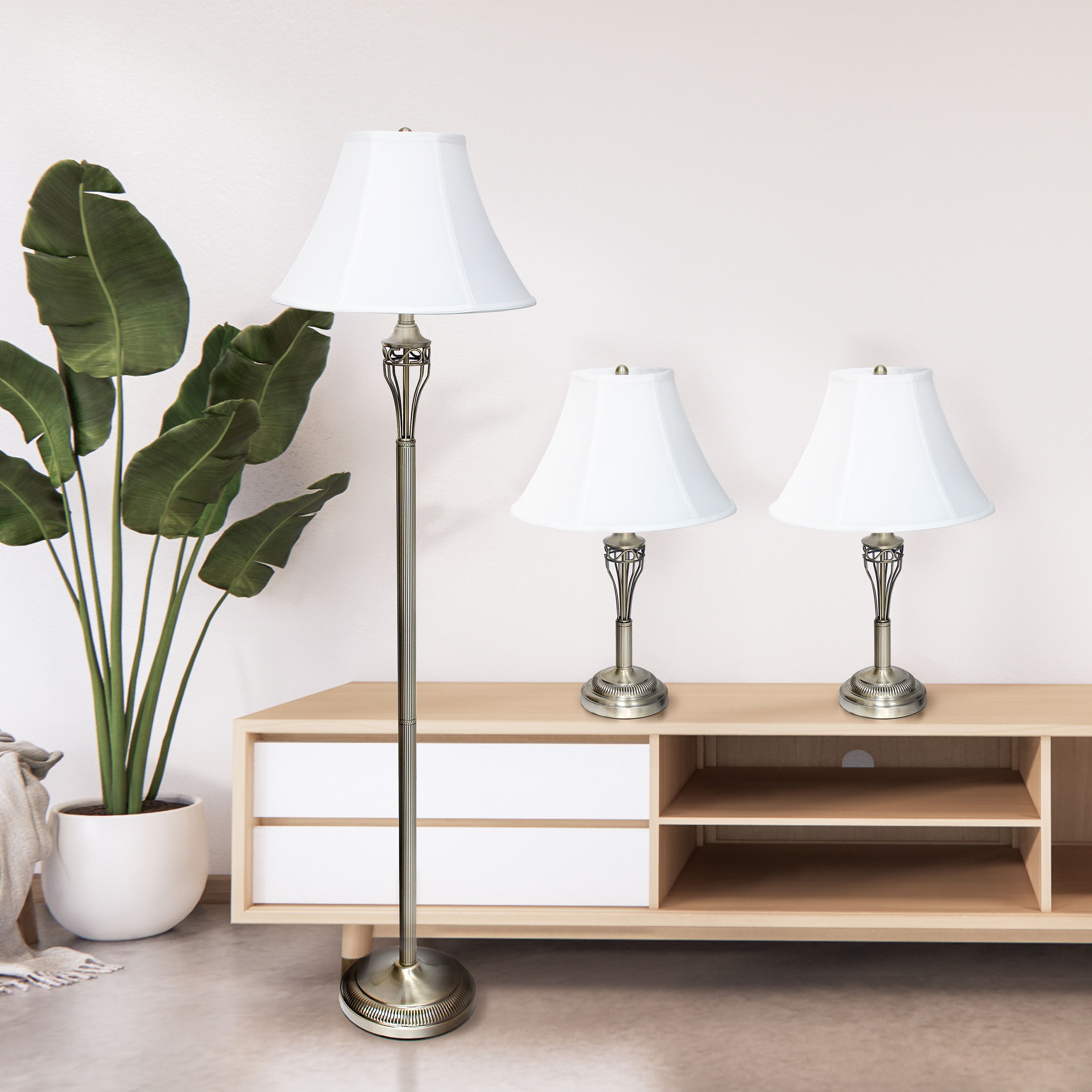 3 Piece Metal Lamp Set (2 Table Lamps, 1 Floor Lamp) with White Empire Fabric Shades and Antique Brass Finish