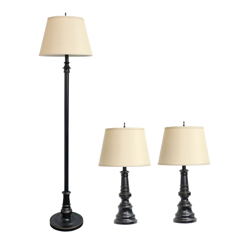 3 Piece Metal Lamp Set (2 Table Lamps, 1 Floor Lamp) with Tan Tapered Drum Fabric Shades and Restoration Bronze Finish