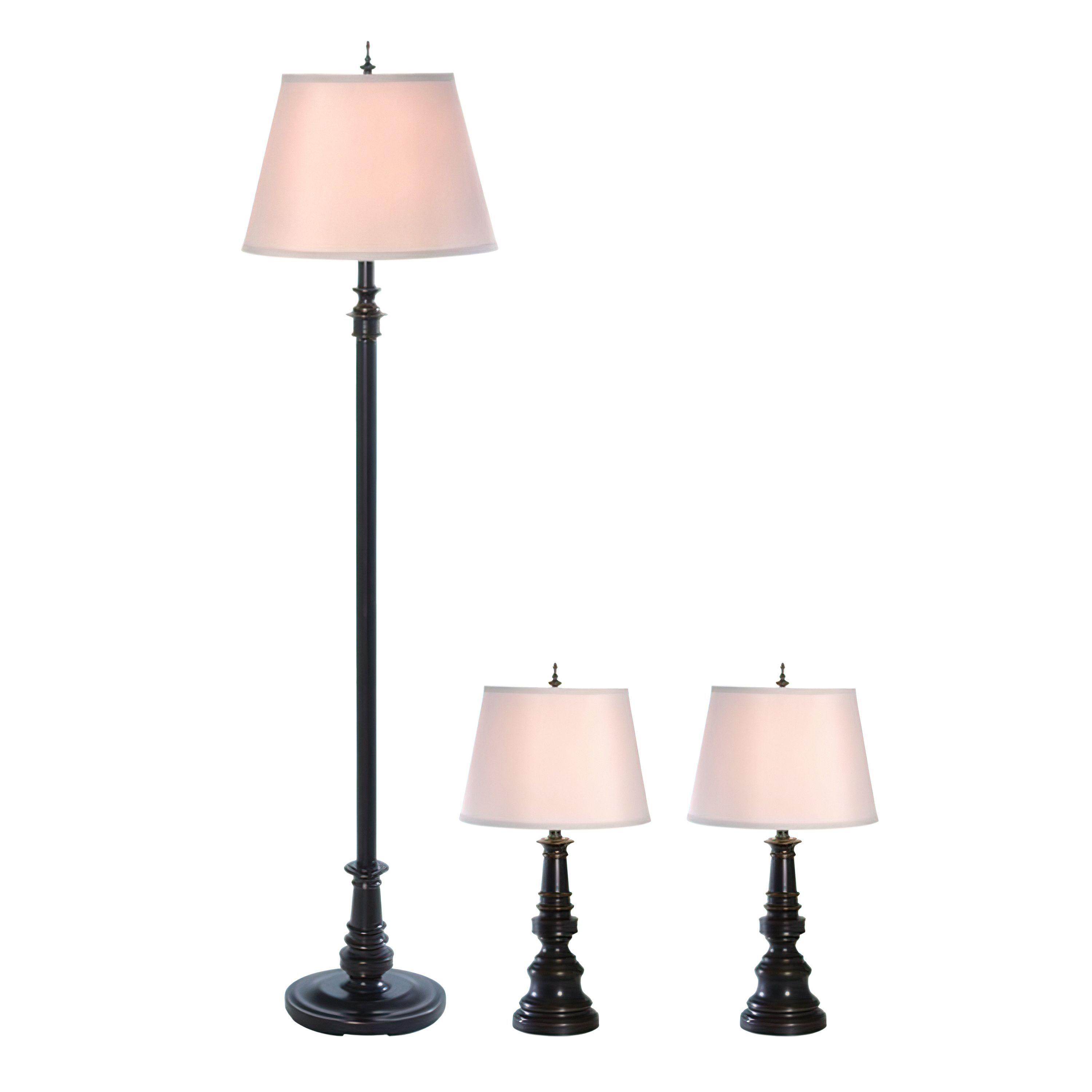 3 Piece Metal Lamp Set (2 Table Lamps, 1 Floor Lamp) with Tan Tapered Drum Fabric Shades and Restoration Bronze Finish