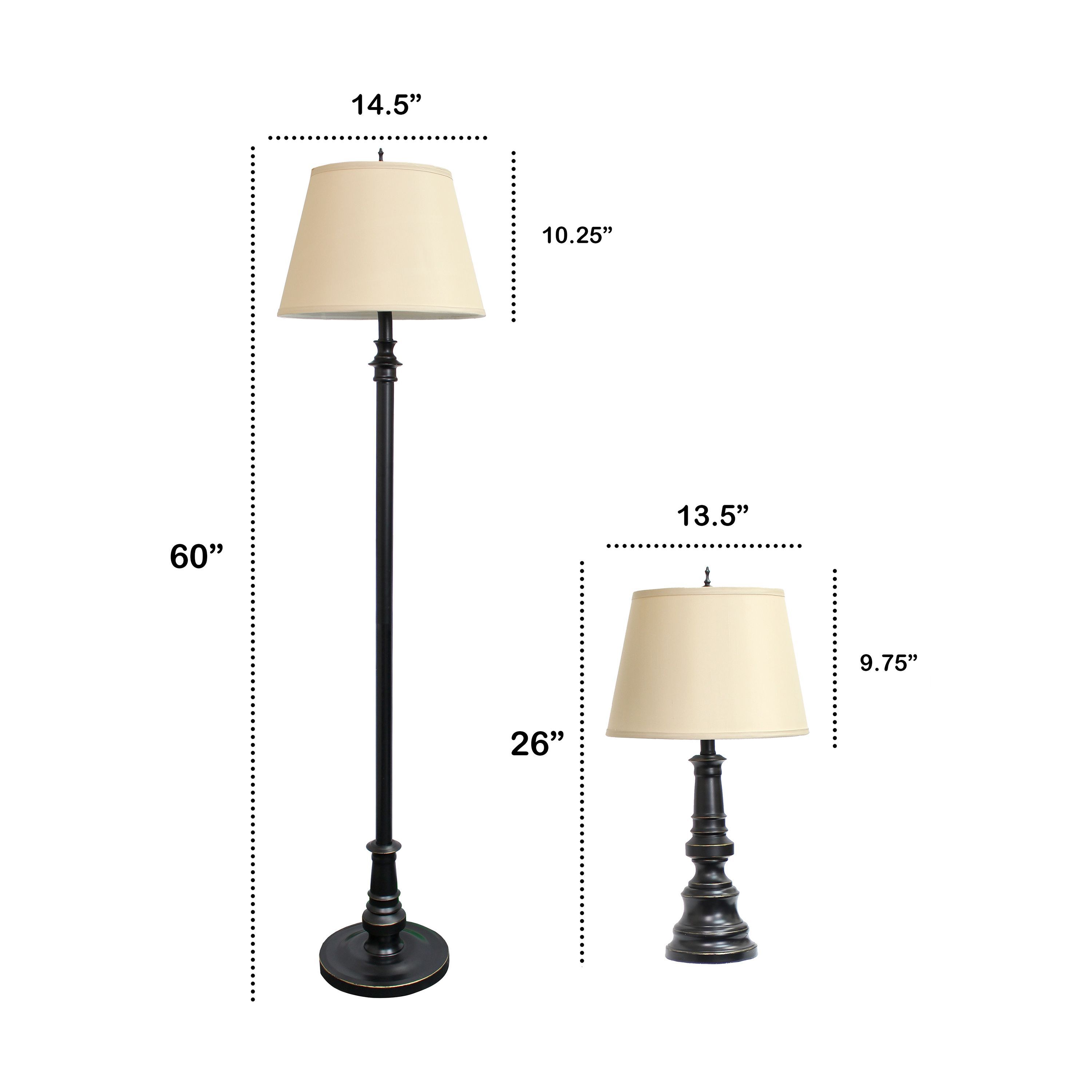 3 Piece Metal Lamp Set (2 Table Lamps, 1 Floor Lamp) with Tan Tapered Drum Fabric Shades and Restoration Bronze Finish