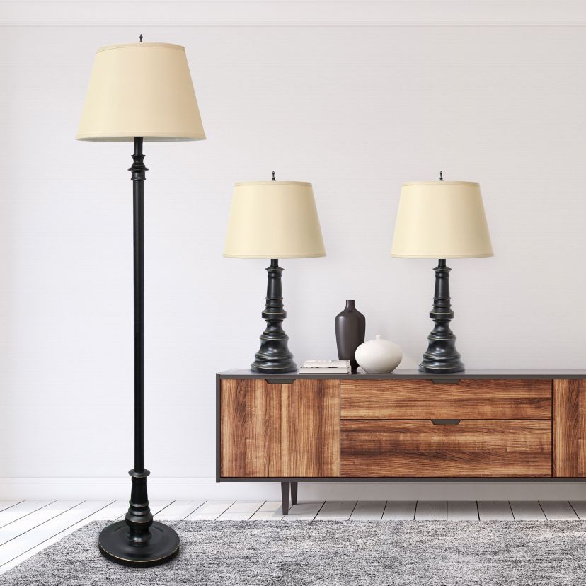 3 Piece Metal Lamp Set (2 Table Lamps, 1 Floor Lamp) with Tan Tapered Drum Fabric Shades and Restoration Bronze Finish