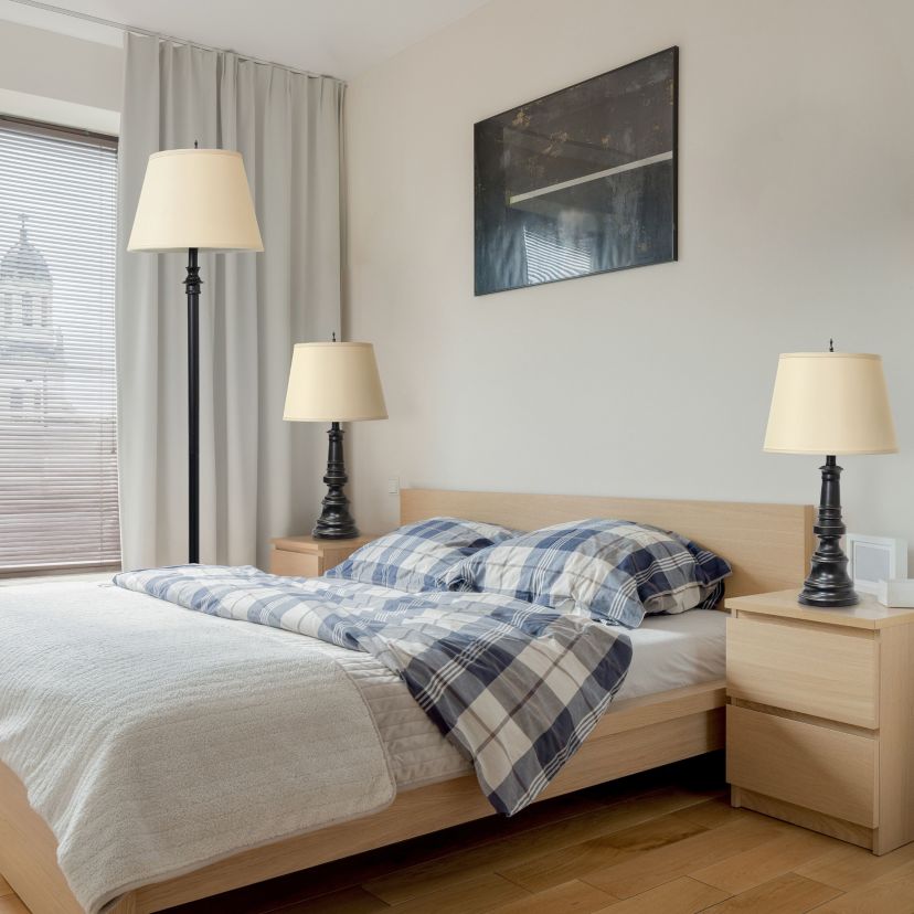 3 Piece Metal Lamp Set (2 Table Lamps, 1 Floor Lamp) with Tan Tapered Drum Fabric Shades and Restoration Bronze Finish