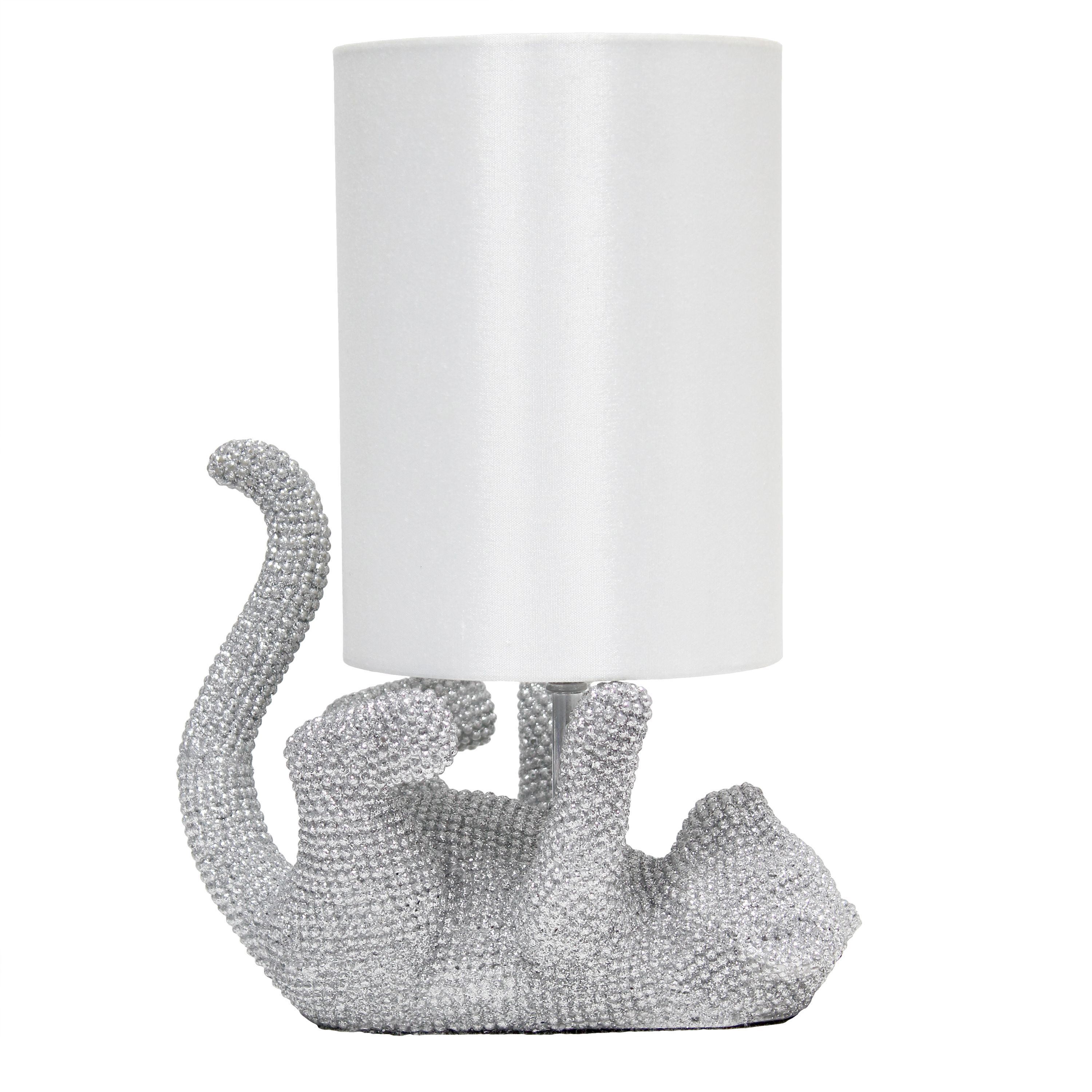 12.6" Diamond Studded Rhinestone Look Kitty Cat Feline Kids Desk Nightstand Table Lamp with Faux Silk Fabric Shade