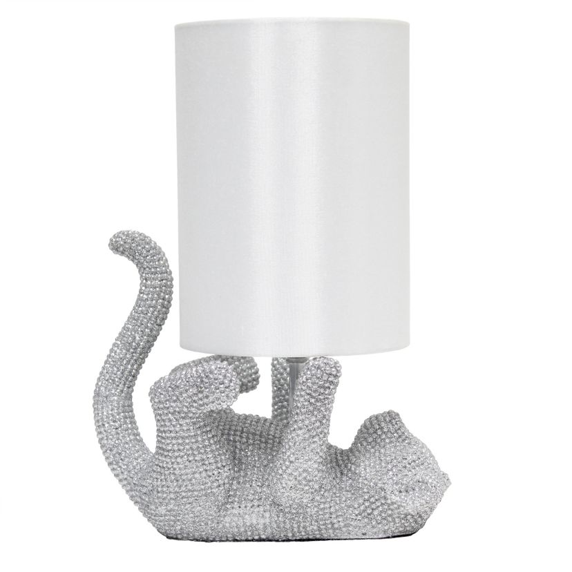 12.6" Diamond Studded Rhinestone Look Kitty Cat Feline Kids Desk Nightstand Table Lamp with Faux Silk Fabric Shade