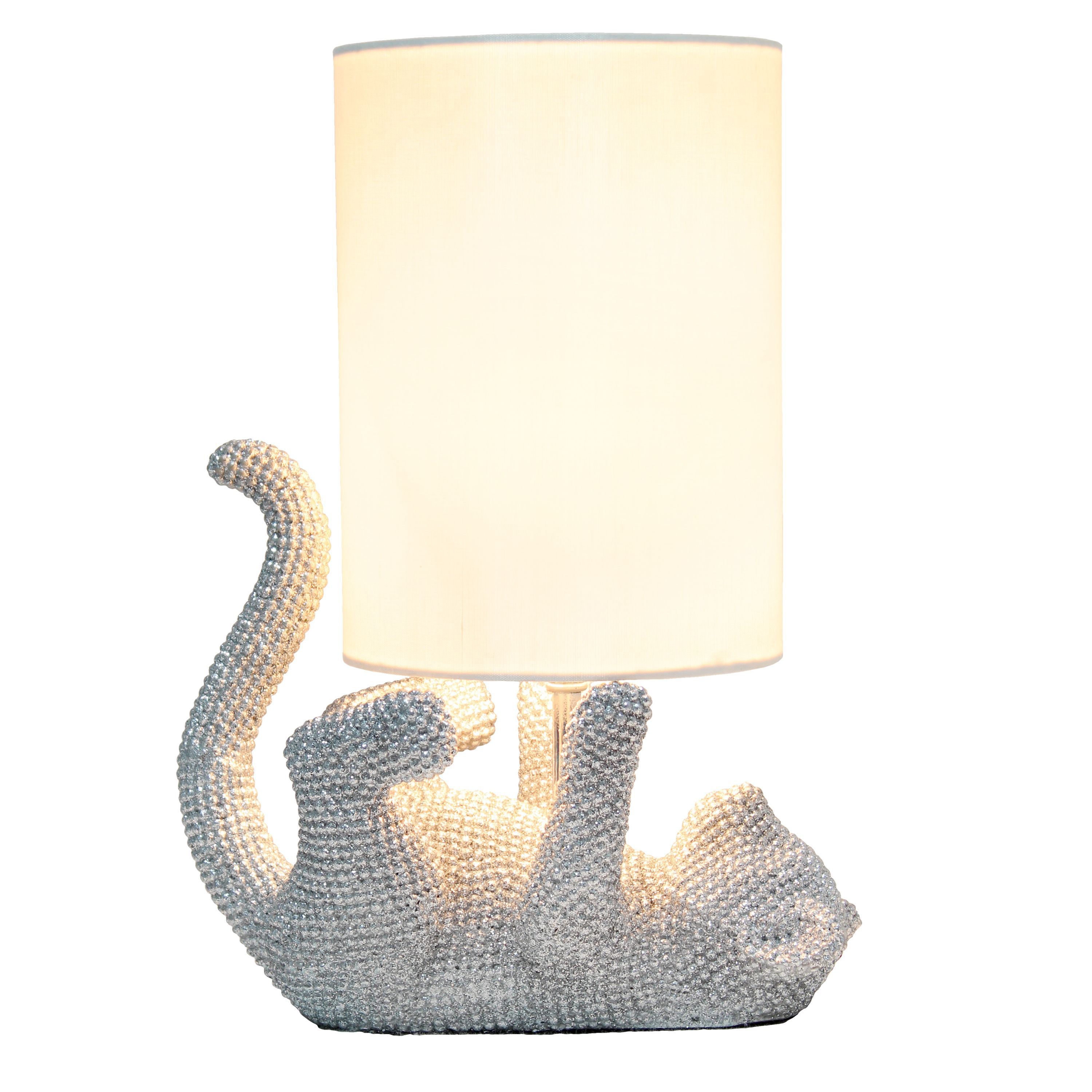 12.6" Diamond Studded Rhinestone Look Kitty Cat Feline Kids Desk Nightstand Table Lamp with Faux Silk Fabric Shade