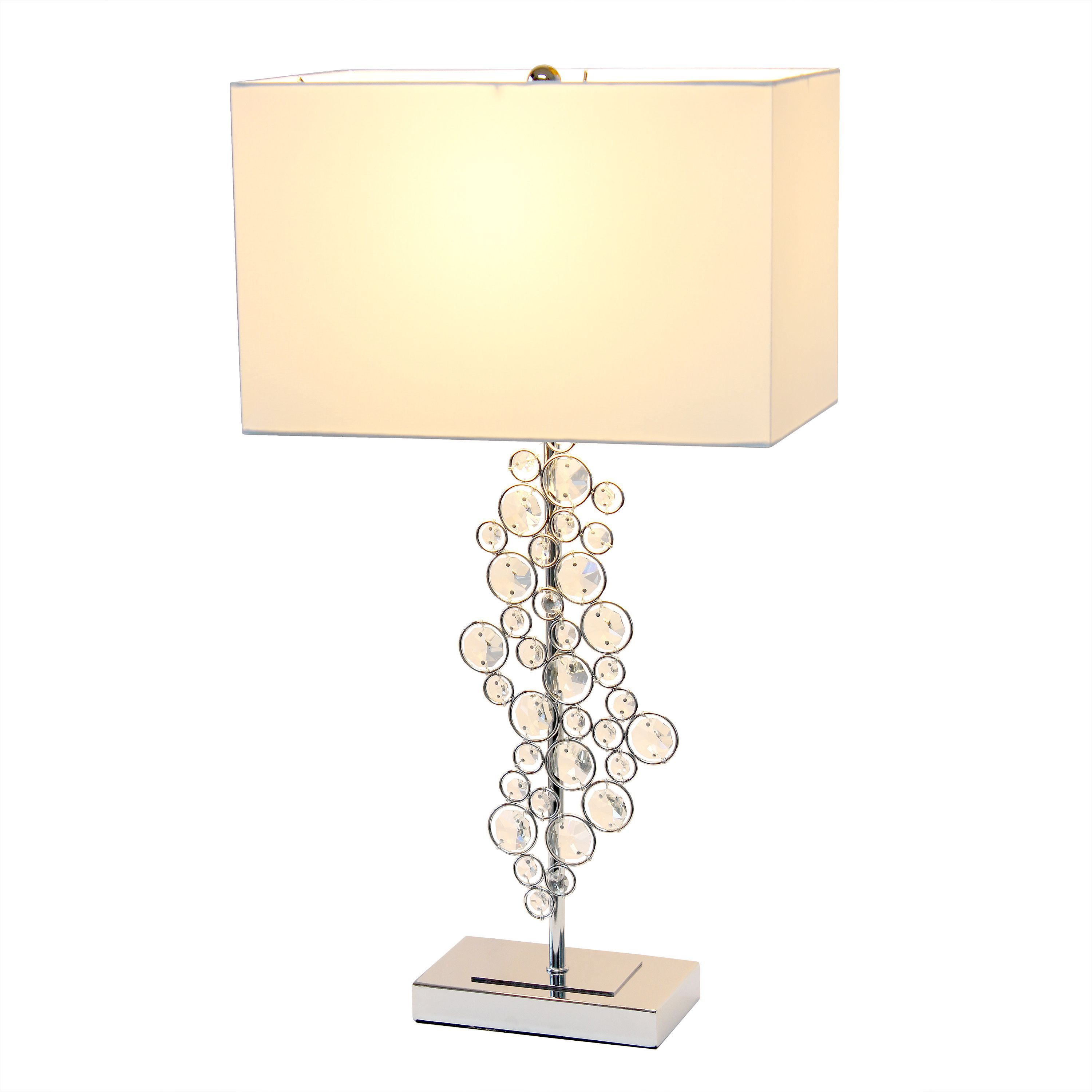 26.25" Tall Contemporary Crystal Glitz and Chrome Glam Table Lamp with White Fabric Rectangular Shade