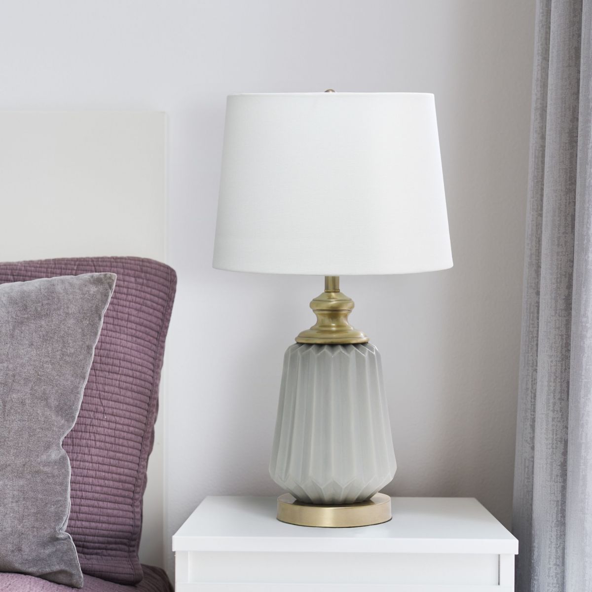 25" Classic Fluted Ceramic and Metal Table Lamp with White Fabric Shade