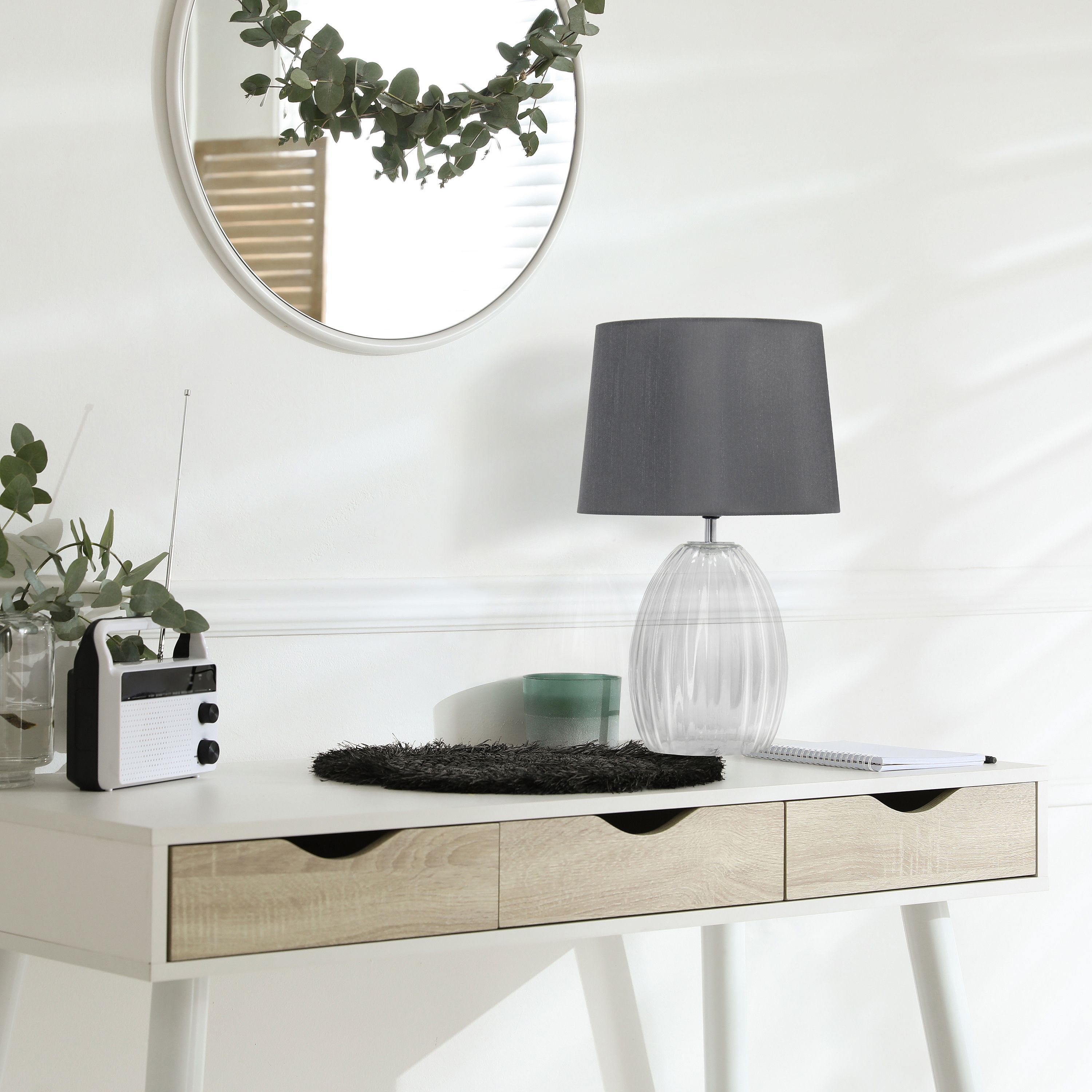 17.63" Contemporary Fluted Glass Bedside Table Lamp with Gray Fabric Shade