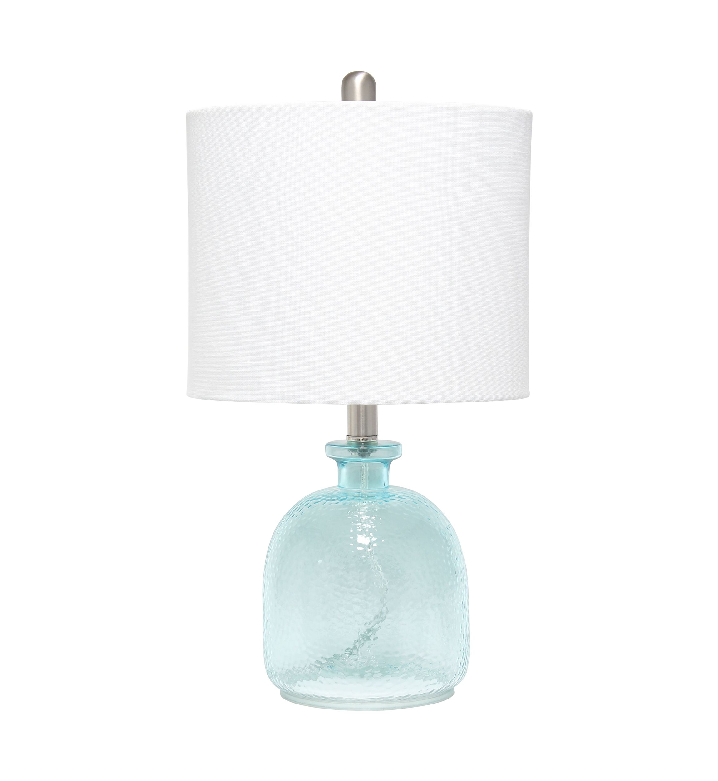 Clear Blue Hammered Glass Jar Table Lamp with White Linen Shade