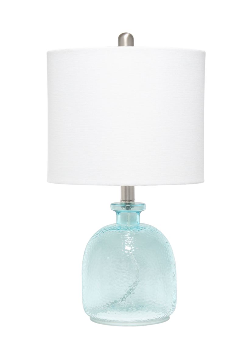 Clear Blue Hammered Glass Jar Table Lamp with White Linen Shade