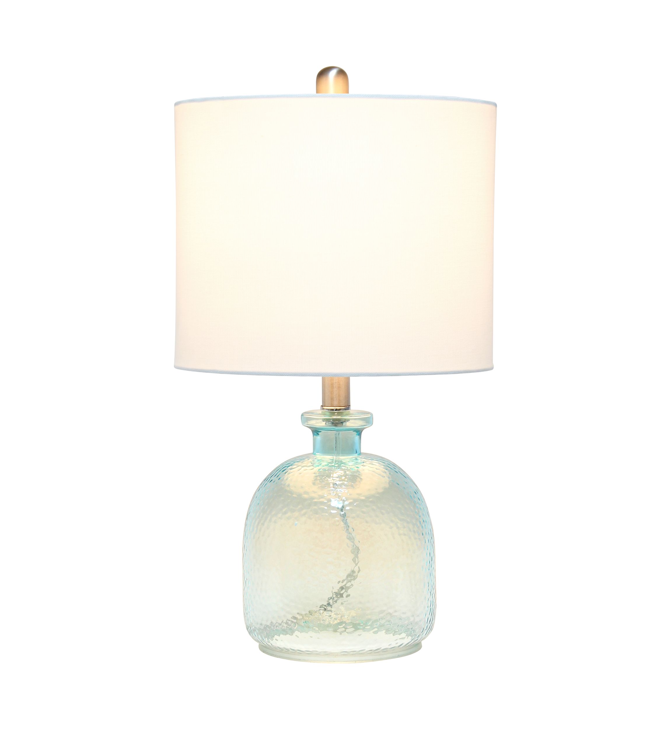 Clear Blue Hammered Glass Jar Table Lamp with White Linen Shade