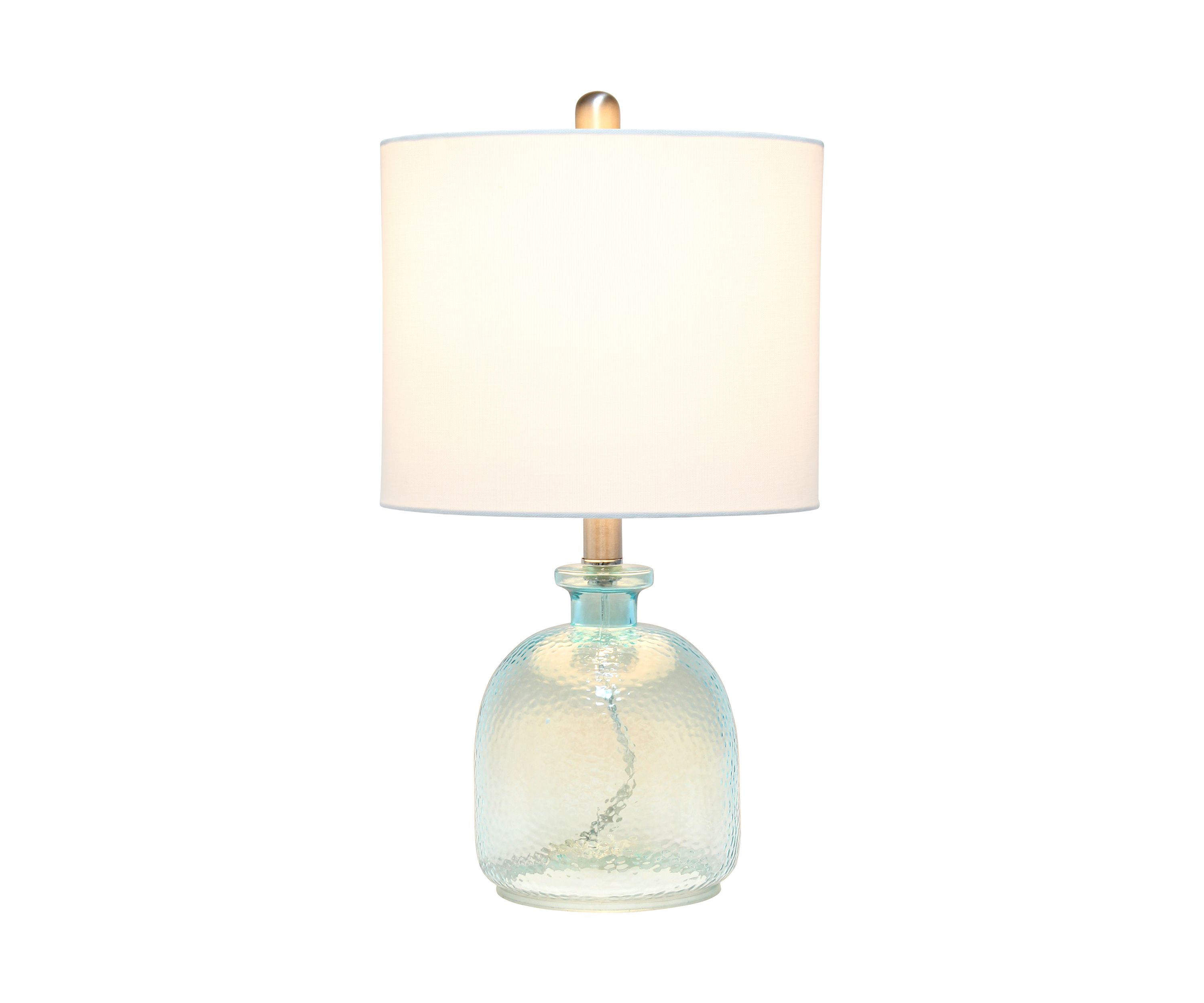 Clear Blue Hammered Glass Jar Table Lamp with White Linen Shade
