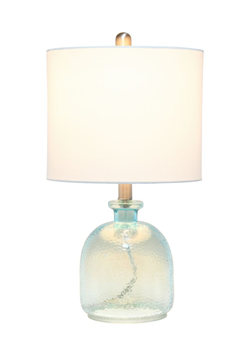 Clear Blue Hammered Glass Jar Table Lamp with White Linen Shade