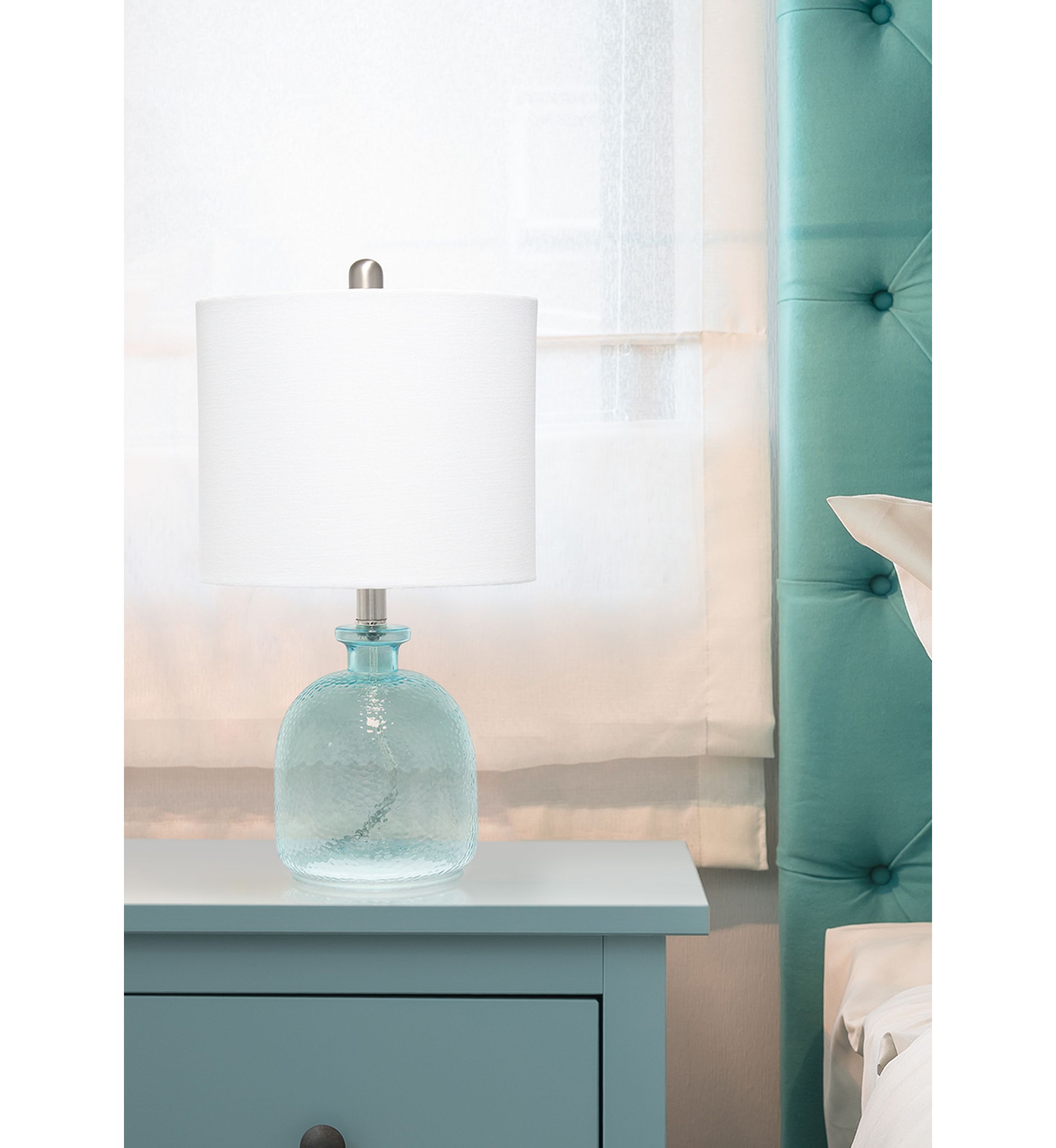 Clear Blue Hammered Glass Jar Table Lamp with White Linen Shade