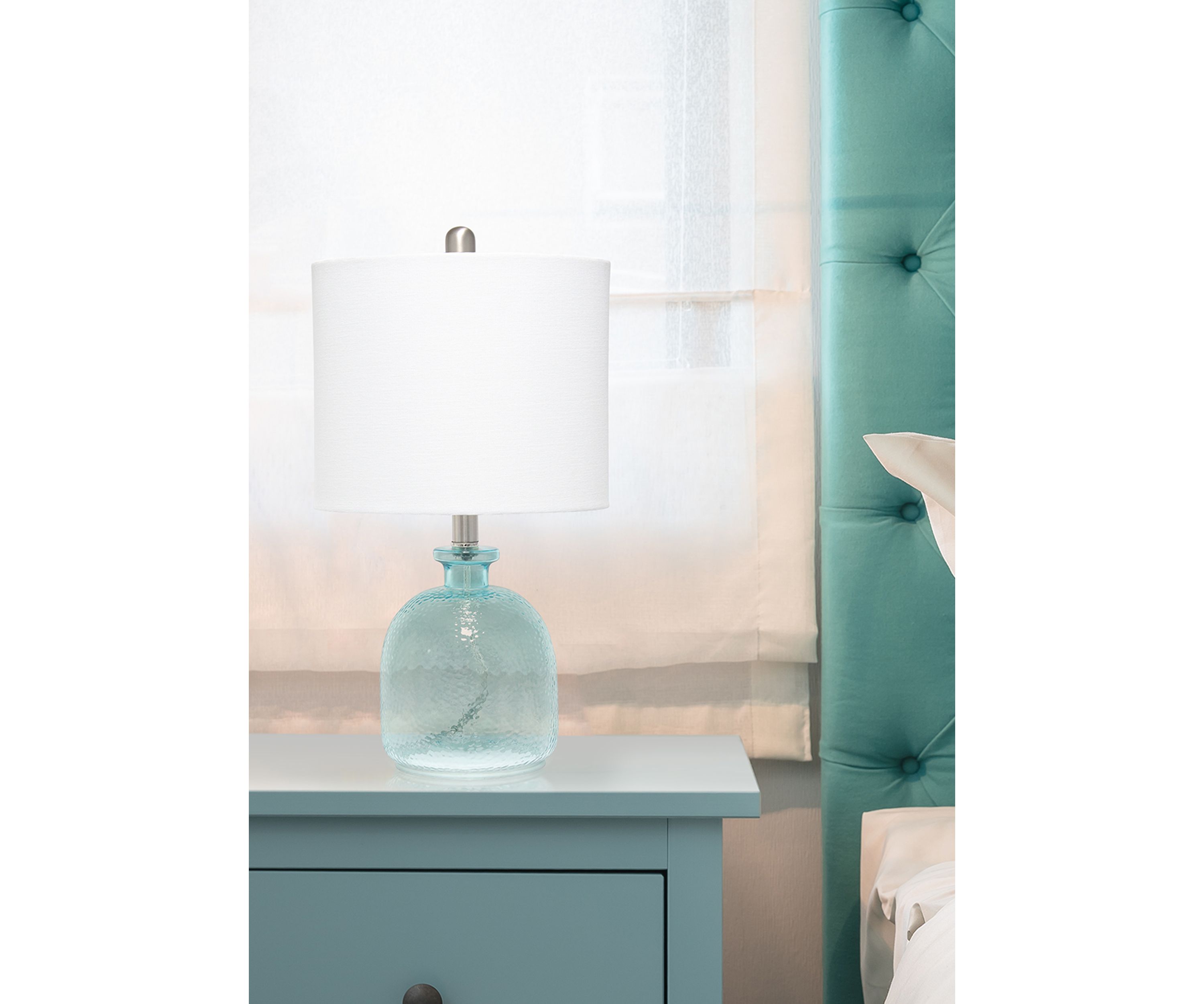 Clear Blue Hammered Glass Jar Table Lamp with White Linen Shade