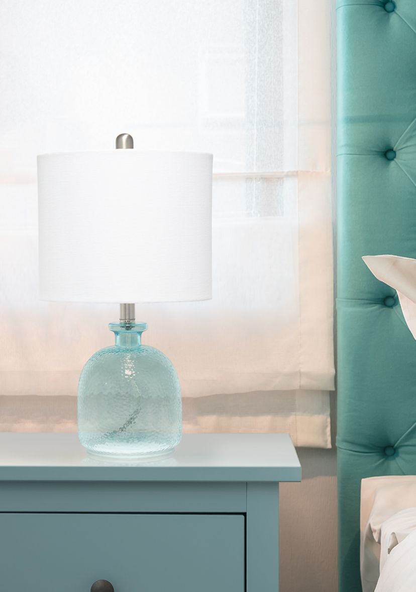 Clear Blue Hammered Glass Jar Table Lamp with White Linen Shade
