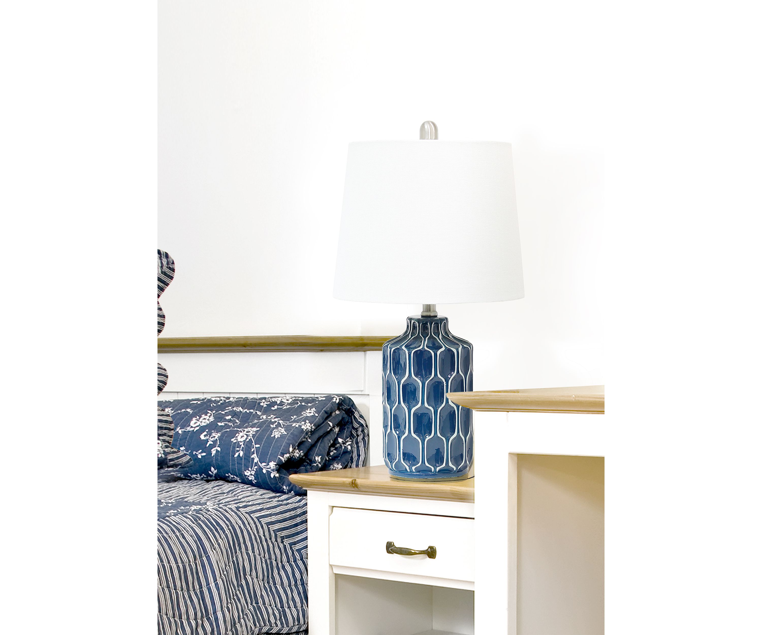 Moroccan Table Lamp with Fabric White Shade, Blue