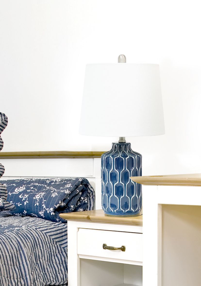Moroccan Table Lamp with Fabric White Shade, Blue