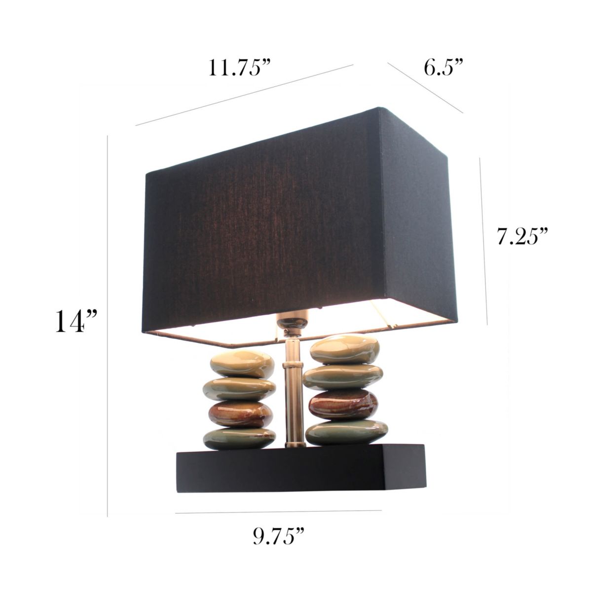 14" Rectangular Dual Stacked Stone Ceramic Table Lamp with Black Shade, with LED Bulb