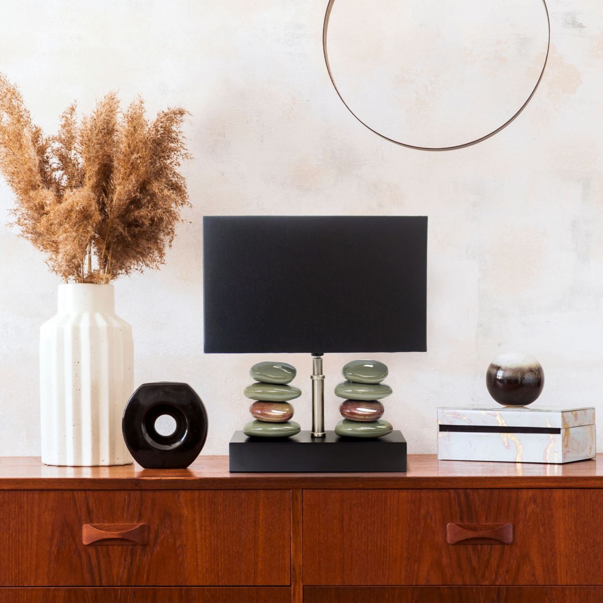 14" Rectangular Dual Stacked Stone Ceramic Table Lamp with Black Shade, with LED Bulb