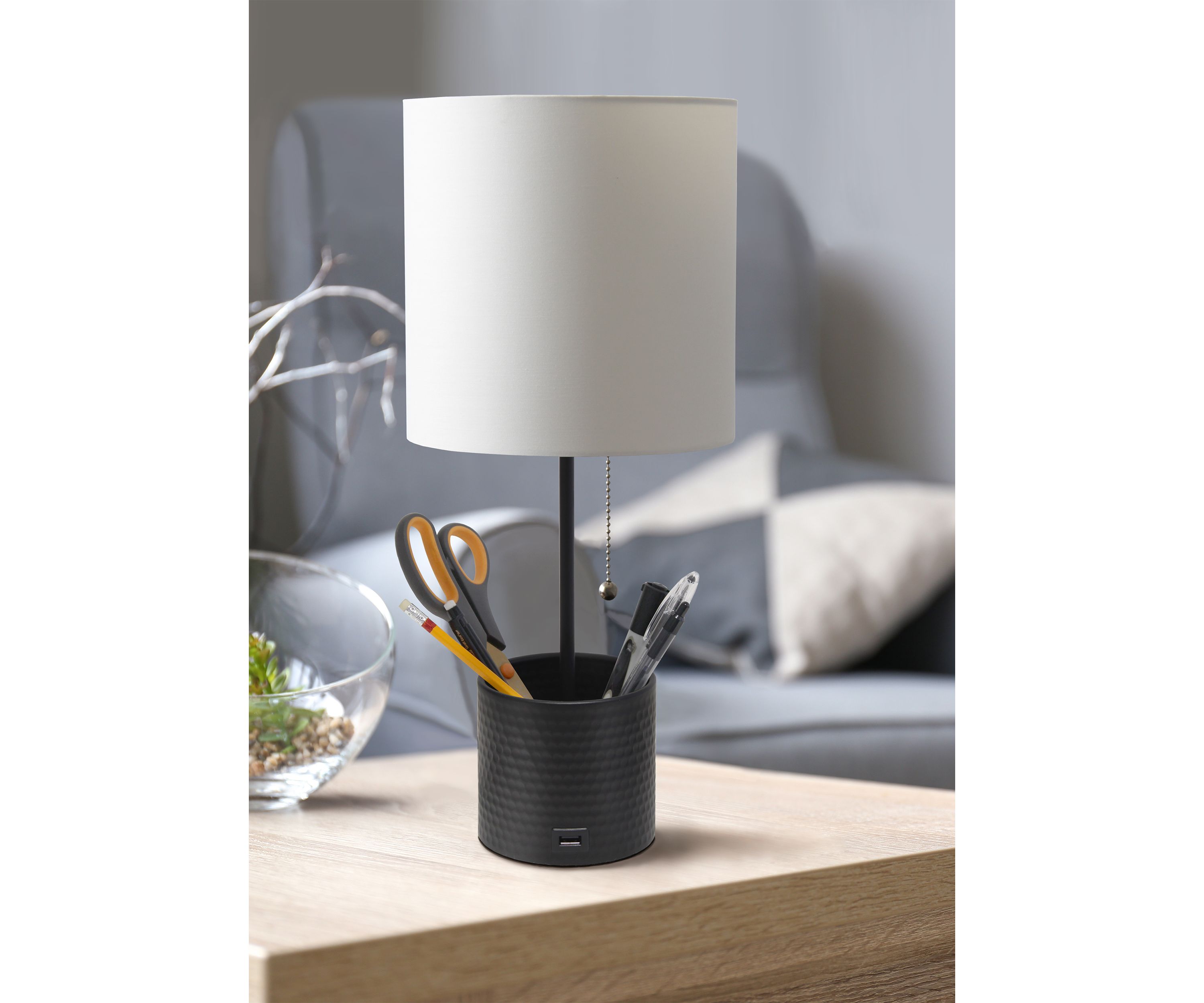 Hammered Metal Organizer Table Lamp with USB Charging Port