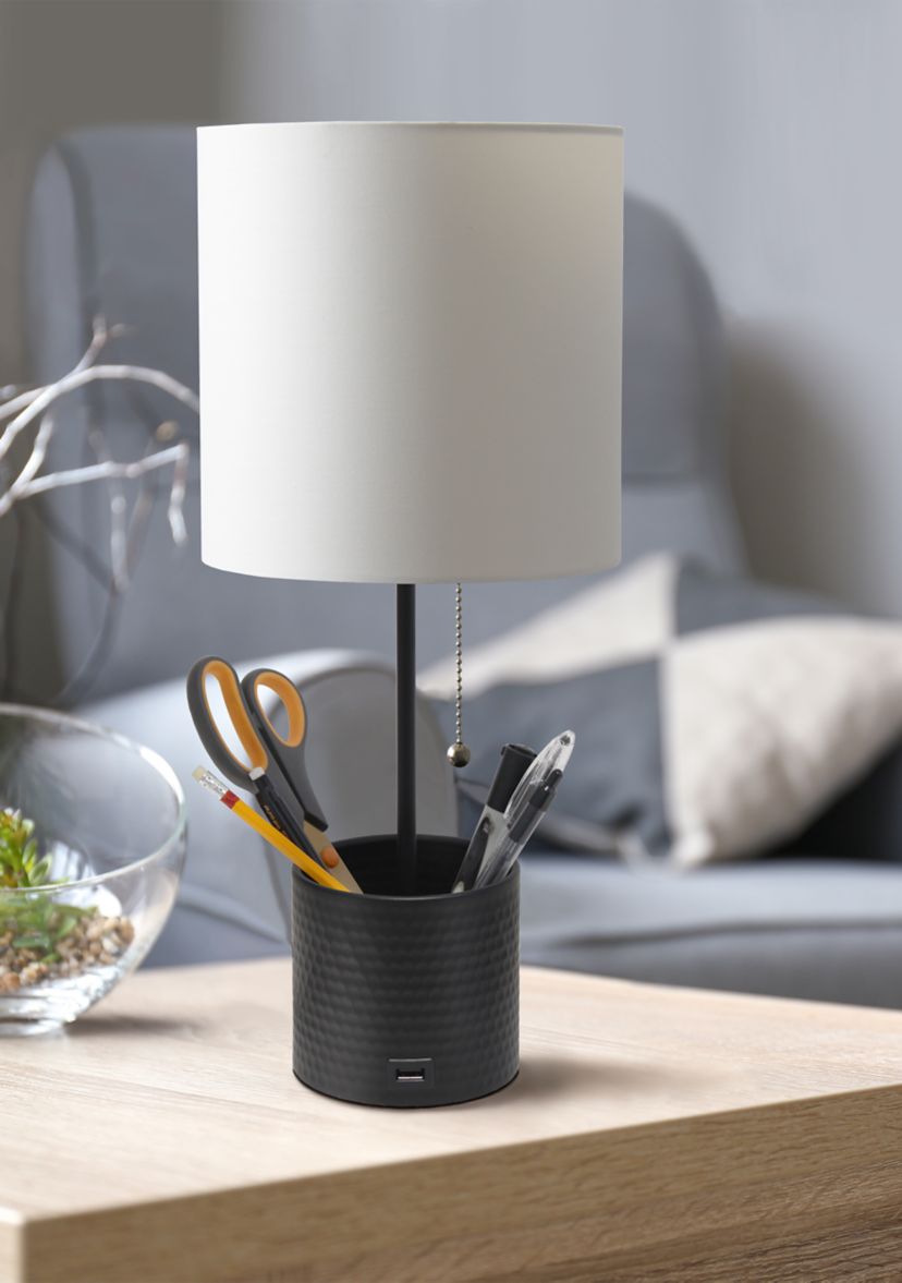 Hammered Metal Organizer Table Lamp with USB Charging Port