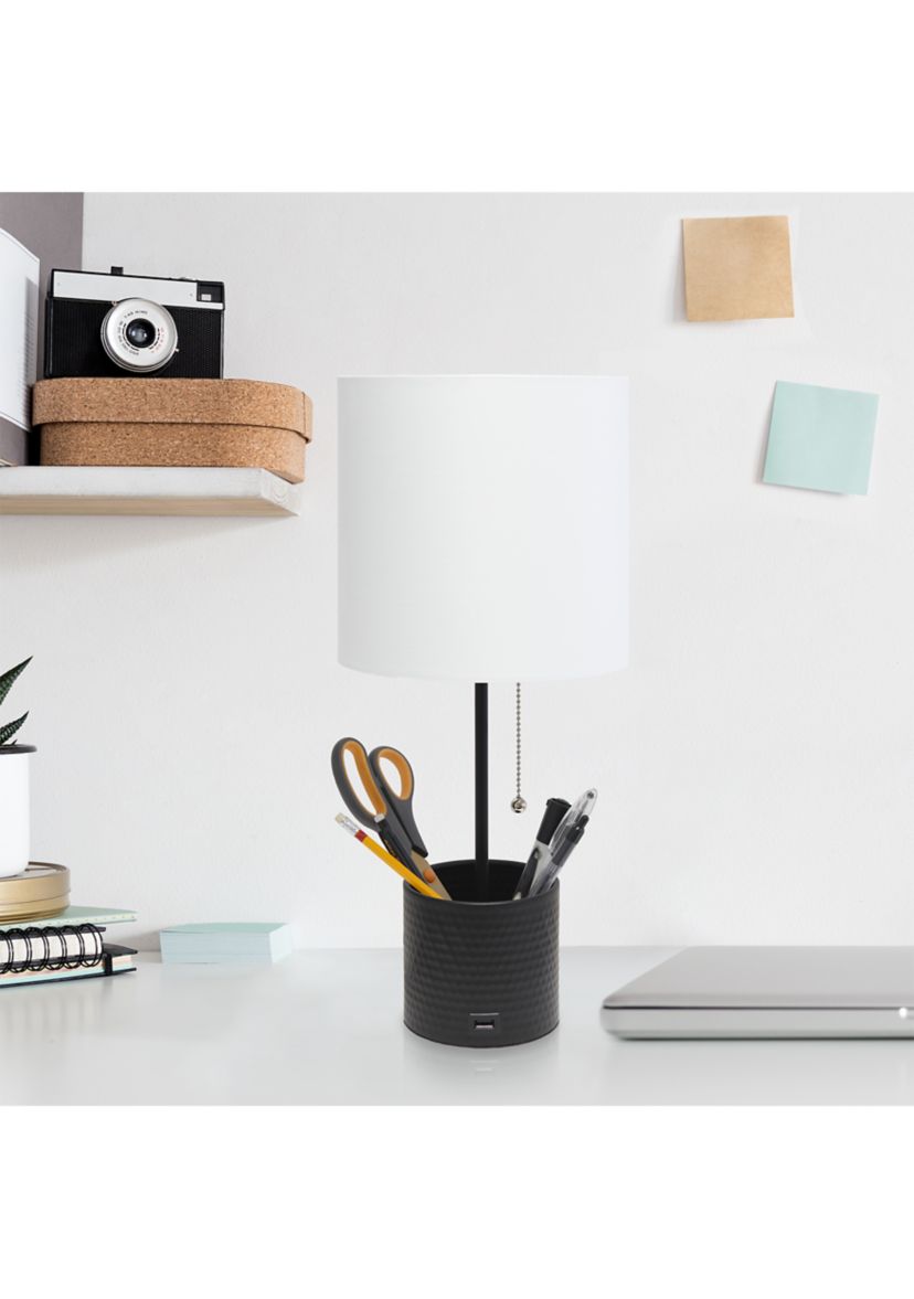 Hammered Metal Organizer Table Lamp with USB Charging Port