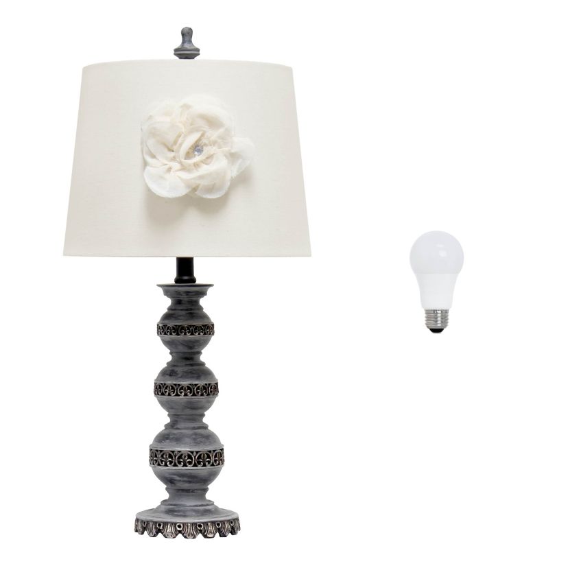 25" Aged Bronze Stacked Ball Lamp with Couture Linen Flower Shade
