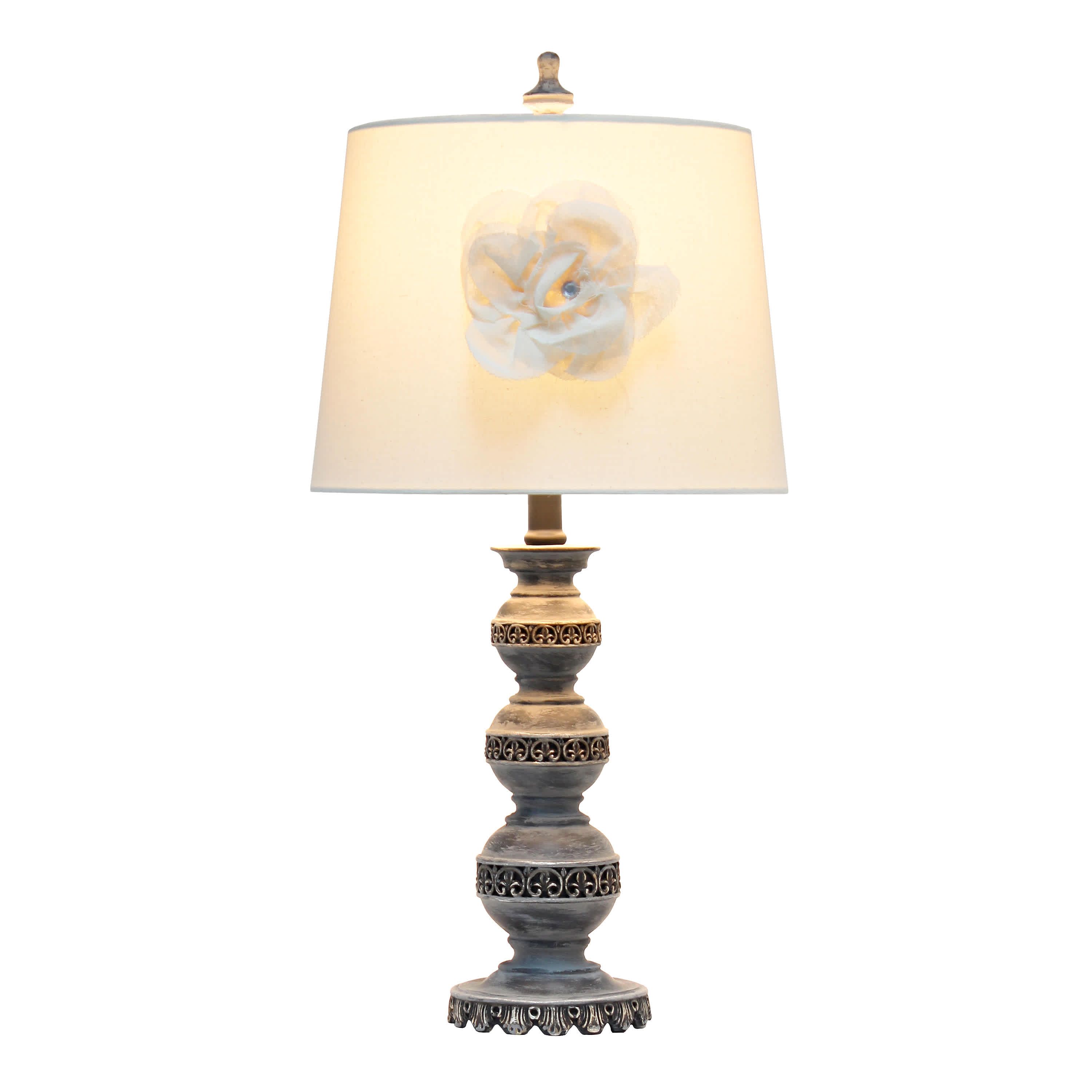 25" Aged Bronze Stacked Ball Lamp with Couture Linen Flower Shade