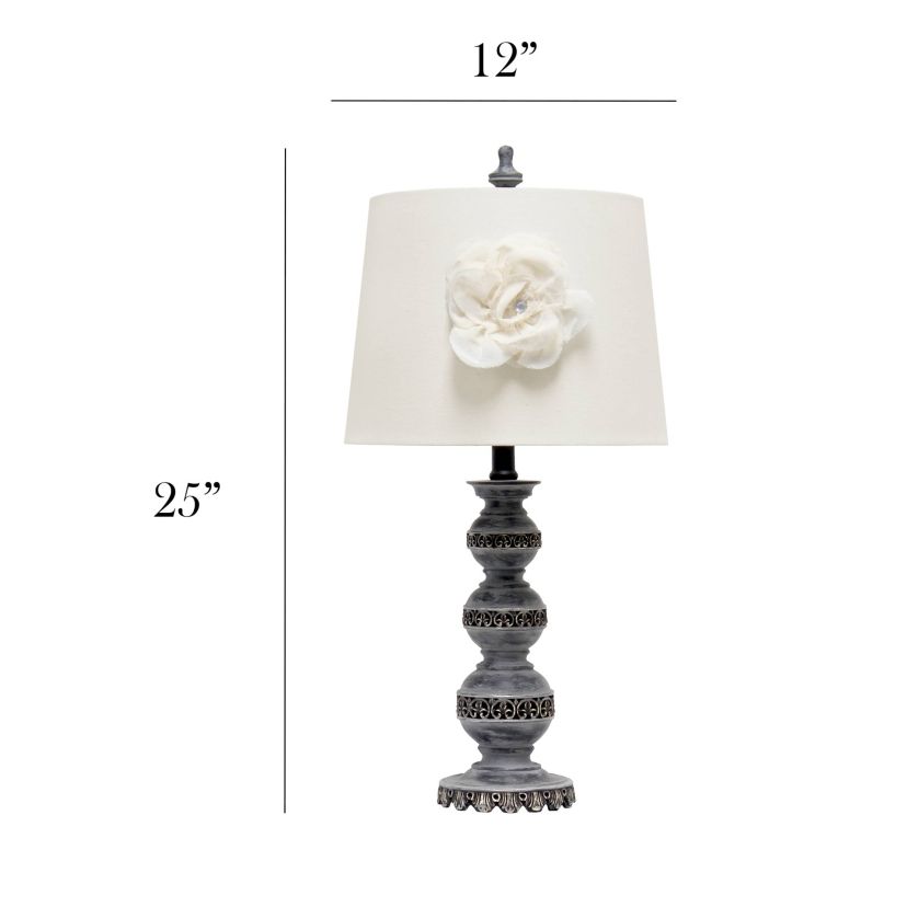 25" Aged Bronze Stacked Ball Lamp with Couture Linen Flower Shade