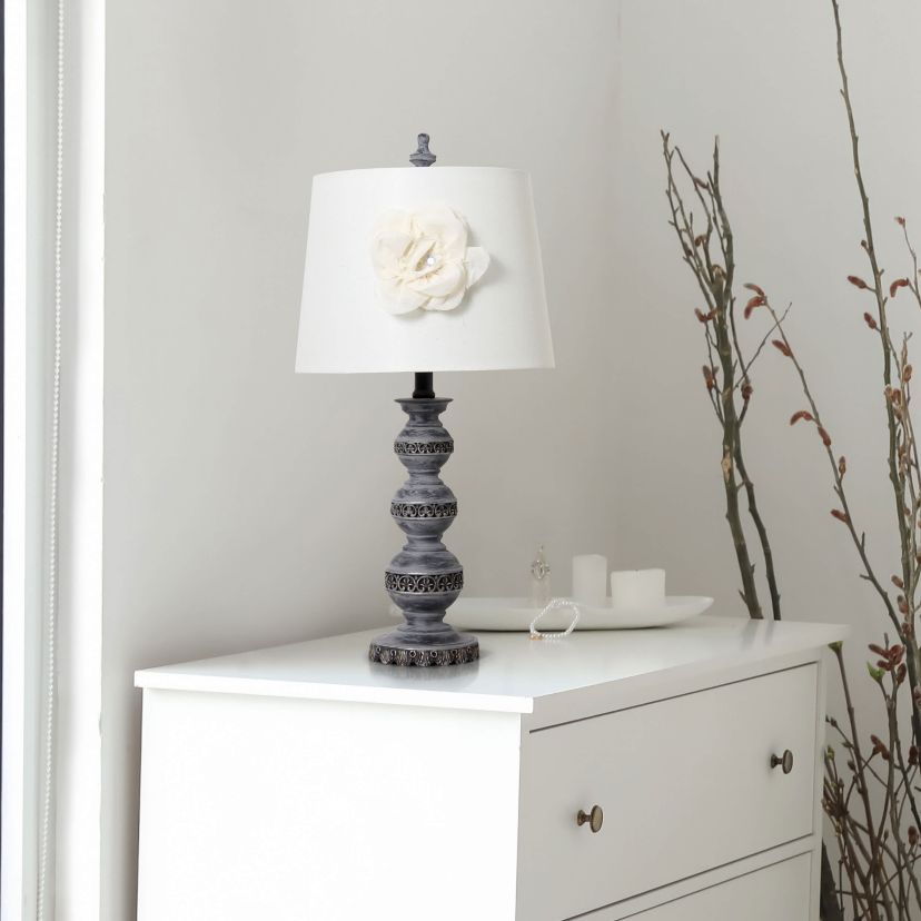 25" Aged Bronze Stacked Ball Lamp with Couture Linen Flower Shade