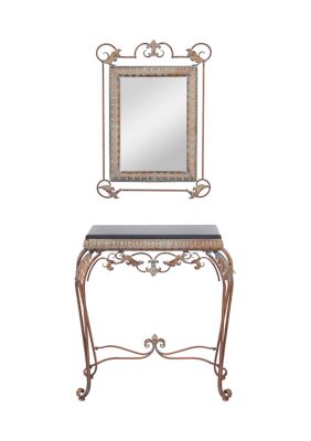 Traditional Metal Console Table with Mirror - Set of 2