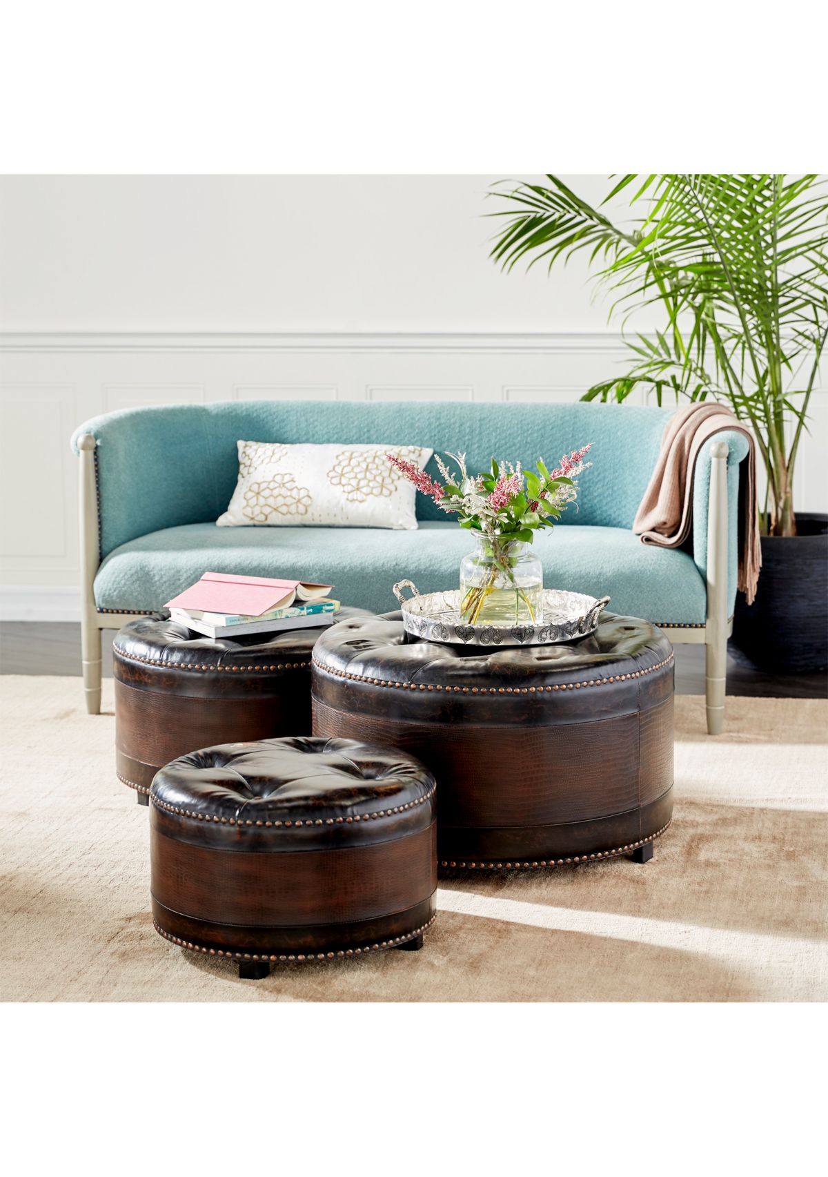 Traditional Wooden Storage Ottoman - Set of 3