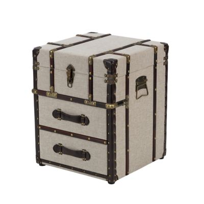 Monroe Lane Vintage Fabric Vintage Style Storage 2 Drawer Side End Accent Table with Studs and Brown Faux Leather Accents