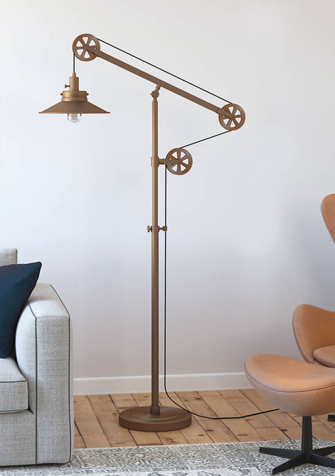 Descartes Brushed Brass Wide Brim Floor Lamp with Pulley System