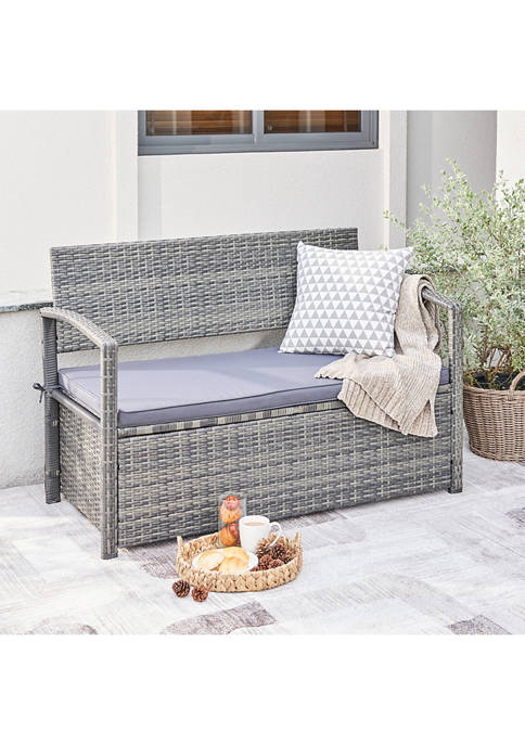 Gabrielle All Weather Resin Wicker Lounge Patio Sofa Storage Bench in Gray with Cushion