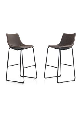 Square PU Leather Counter Brown Bar Stools, Set of 2