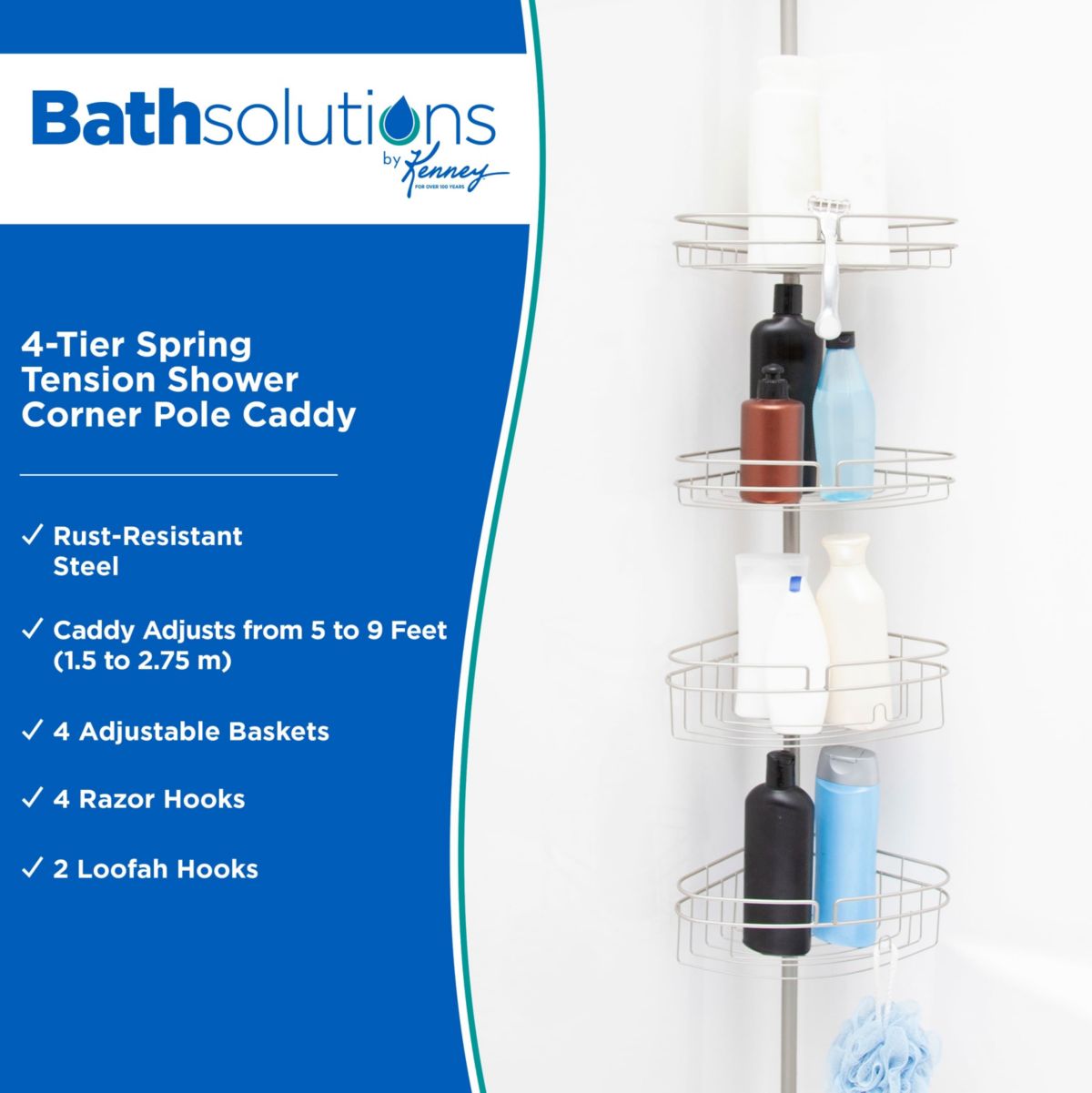 Kenney 4-Tier Spring Tension Shower Corner Pole Caddy with Razor Holder
