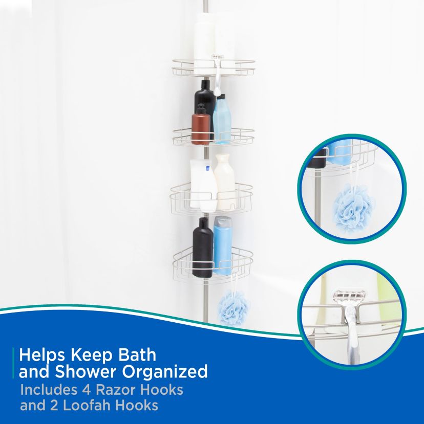 Kenney 4-Tier Spring Tension Shower Corner Pole Caddy with Razor Holder