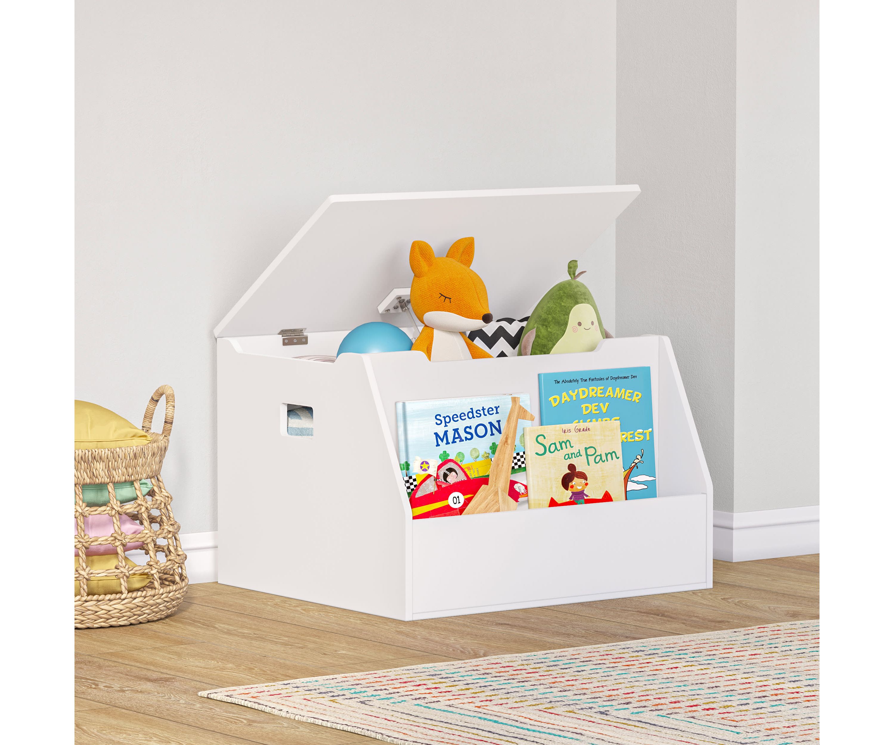 Kids Toy Storage Box with Front Bookrack - White