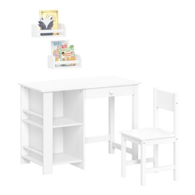 Kids Desk and Chair Set with Cubbies, Bookracks and 2 Bonus 10" Floating Bookshelves - White
