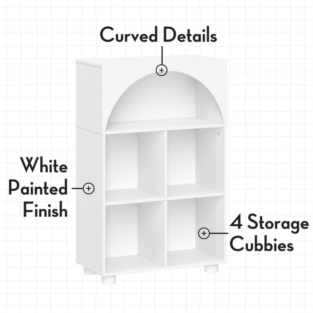 Kids Curve Appeal 23" Bookcase with 4 Cubbies and Arched Design - Sturdy Kids Bookshelf and Toy Storage Organizer for Playroom - White