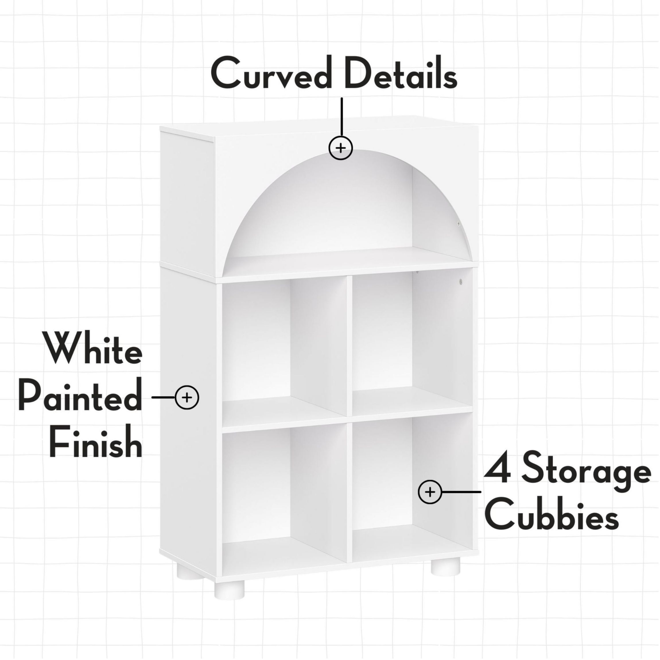 Kids Curve Appeal 23" Bookcase with 4 Cubbies and Arched Design - Sturdy Kids Bookshelf and Toy Storage Organizer for Playroom - White