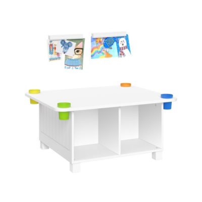 RiverRidge Home Kids Desk and Art Activity Table with 4 Storage Cubbies and 4 Removable Storage Cups - White with 2 Magnetic Art Display Bars
